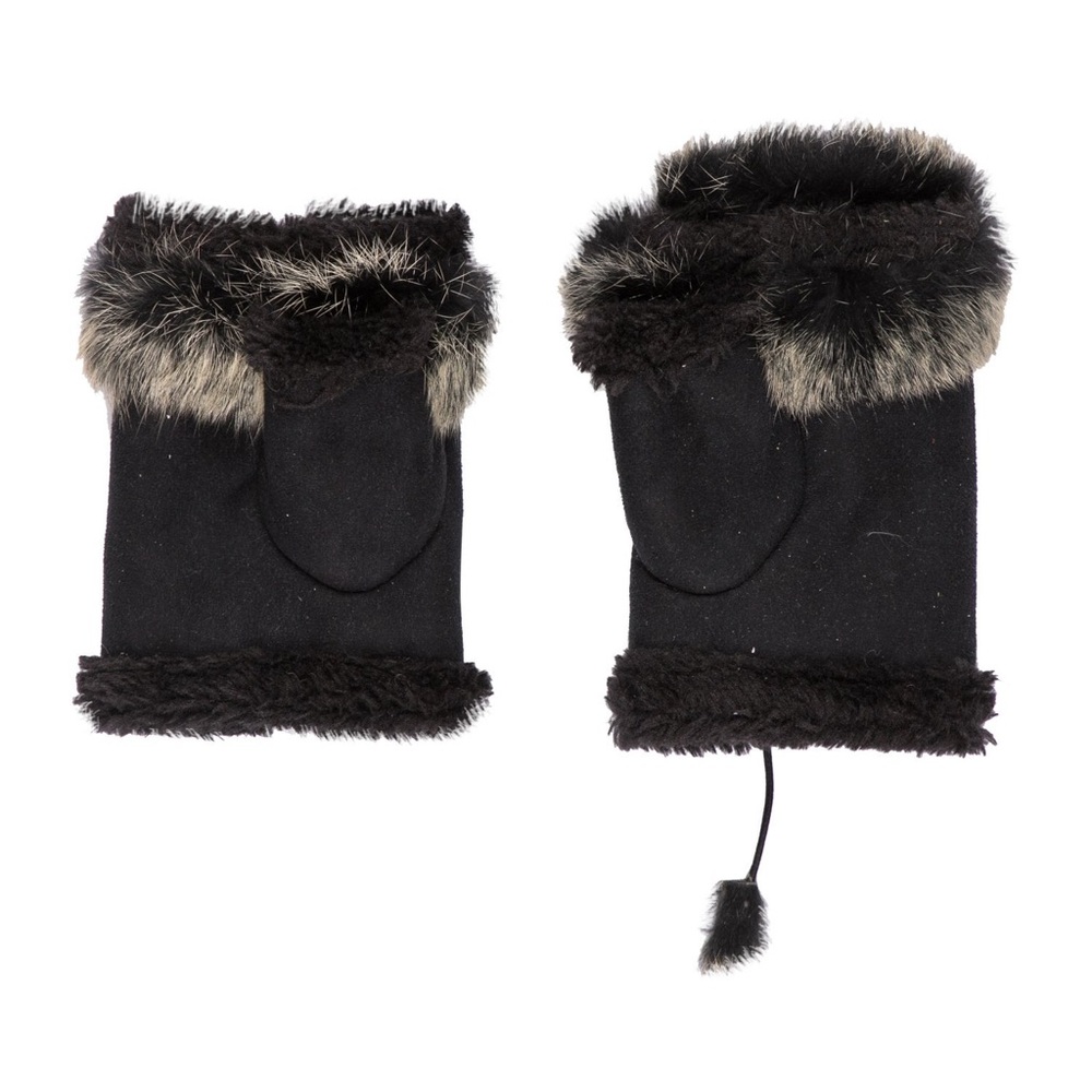 Vintage Shearling Suede Fingerless Gloves Rabbit Fur Trim Black Ivory Mittens
